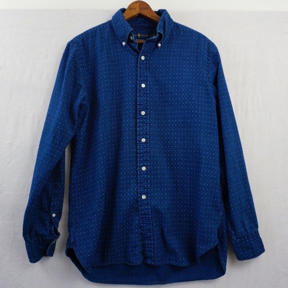 Polo Ralph Lauren Indigo Oxford Shirt M Blue Dobby Dot Button Down Long Sleeve